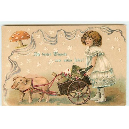 n°19187 - Carte Gaufrée - Fillette aidant un cochon tirant une charette, champagne - champignon