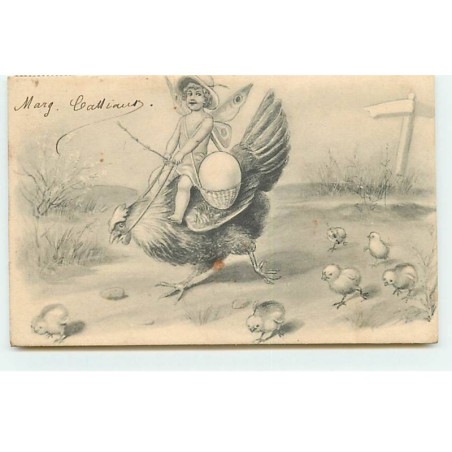 n°19193 - Garçon avec des ailes de papillon sur une poule entourée de poussin