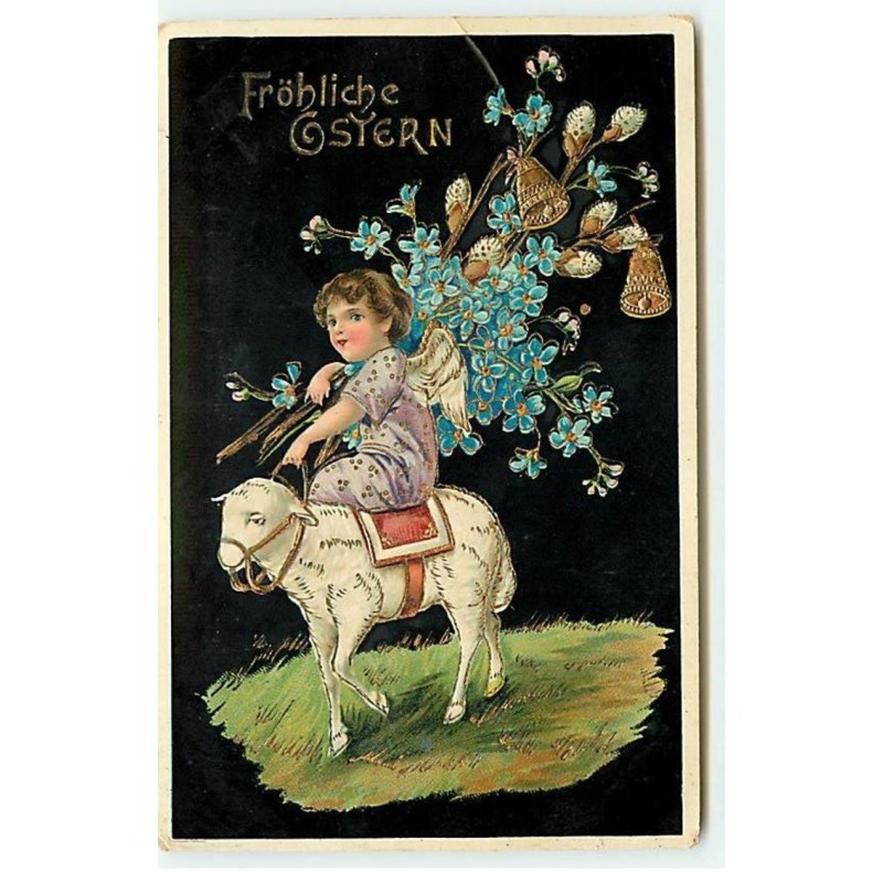n°19194 - Carte Gaufrée - Fröhliche Ostern - Ange sur un mouton