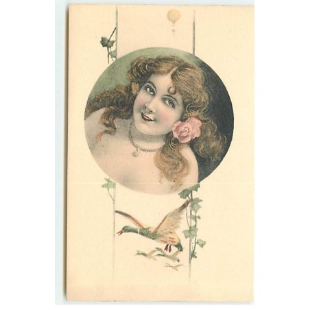 n°19195 - Portrait d'une jeune femme dans un médaillon, au-dessus de canards