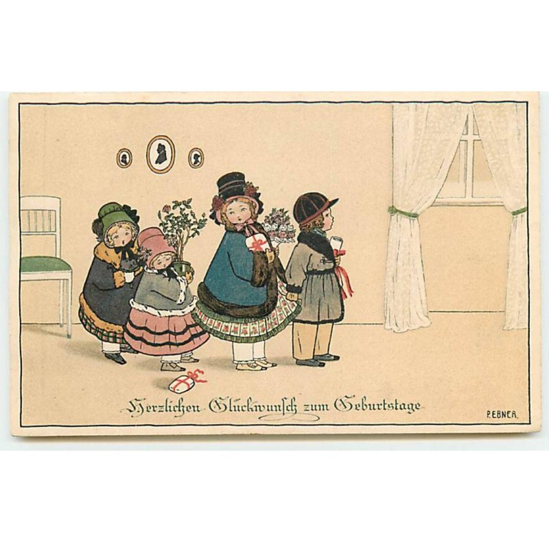 n°19207 - P. Ebner - Enfants en manteaux portant des cadeaux et des fleurs