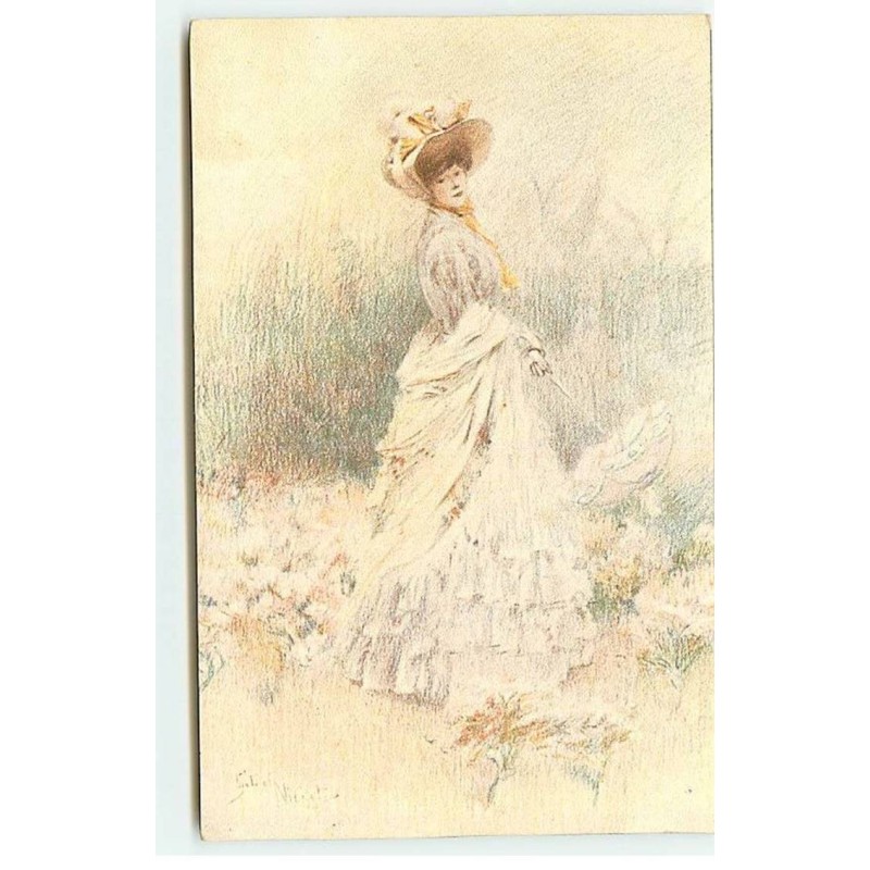 n°19214 - G. Nicolet - Jeune femme se promenant parmi des fleurs