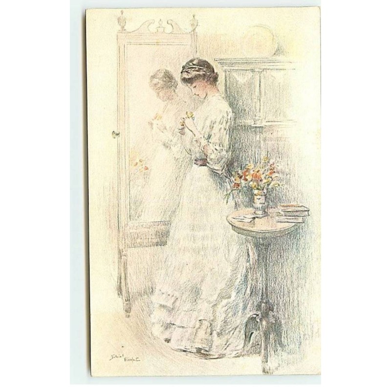 n°19216 - G. Nicolet - Jeune femme rêvant en tenant une rose