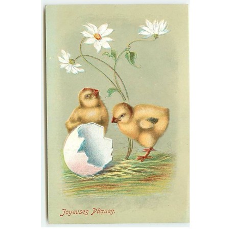 n°19217 - Carte Gaufrée - Joyeuses Pâques - Poussins près d'une coquille et de fleurs