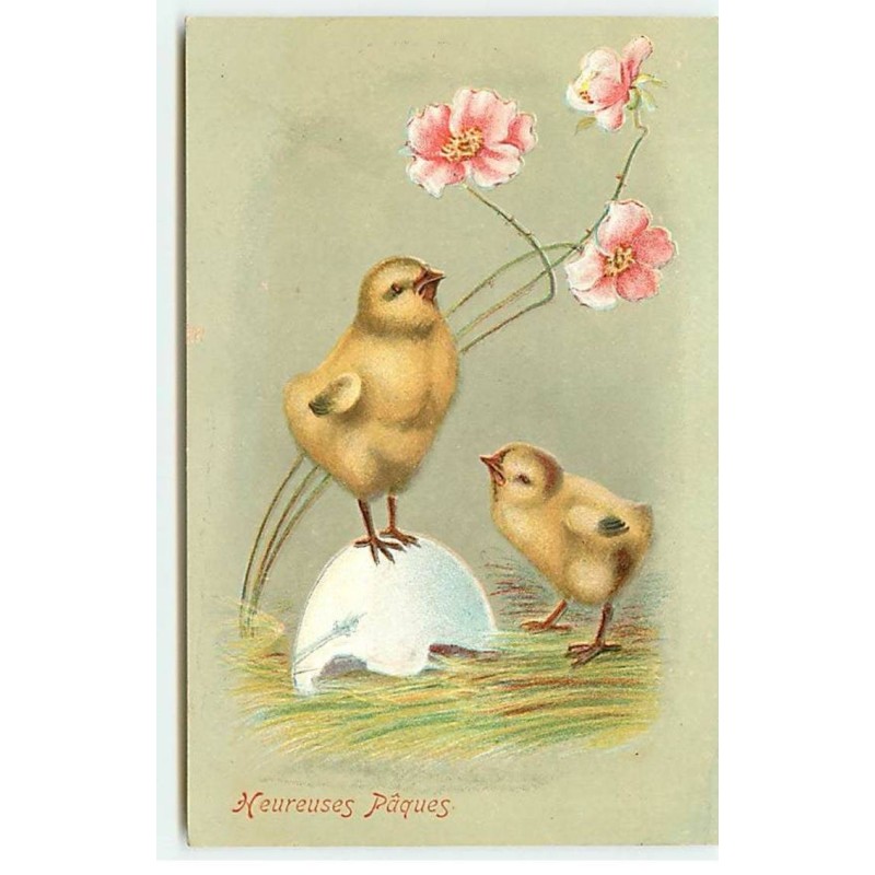 n°19218 - Carte Gaufrée - Heureuses Pâques - Poussins près d'une coquille et de fleurs