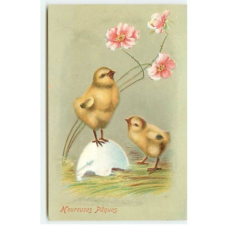 n°19218 - Carte Gaufrée - Heureuses Pâques - Poussins près d'une coquille et de fleurs