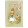 n°19218 - Carte Gaufrée - Heureuses Pâques - Poussins près d'une coquille et de fleurs