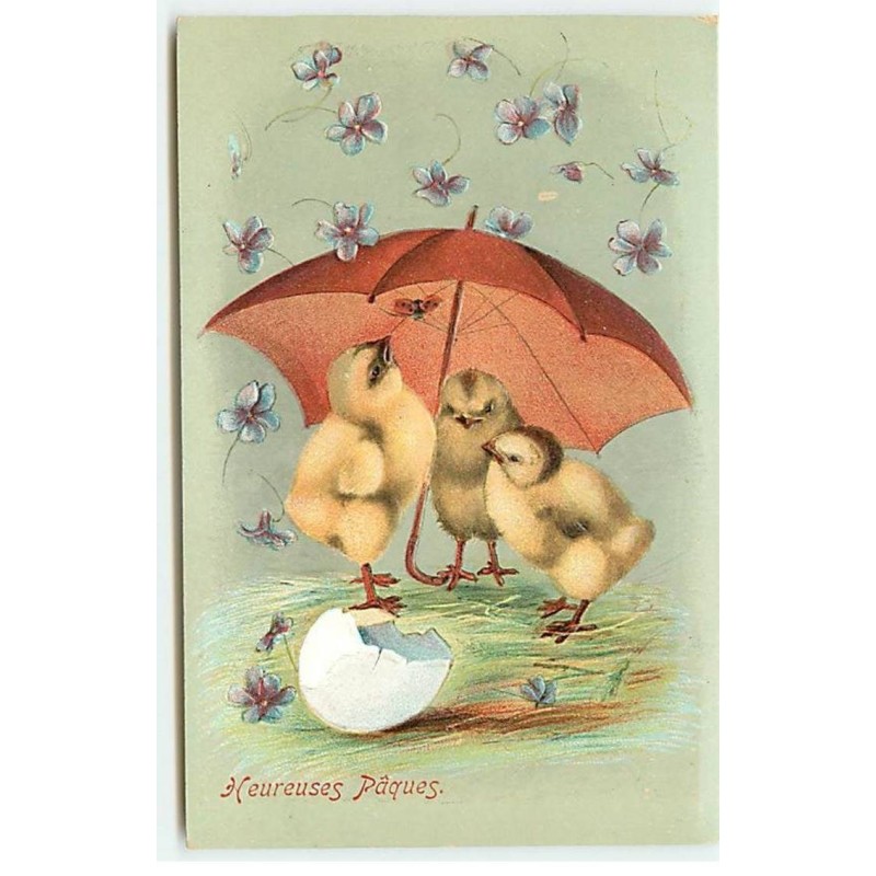 n°19219 - Carte Gaufrée - Heureuses Pâques - Poussins sous un parapluie sous une pluie de violettes