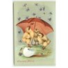 n°19219 - Carte Gaufrée - Heureuses Pâques - Poussins sous un parapluie sous une pluie de violettes