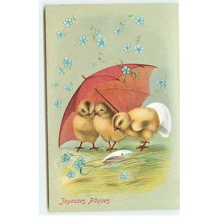 n°19220 - Carte Gaufrée - Joyeuses Pâques - Poussins sous un parapluie sous une pluie de myosotis