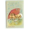 n°19220 - Carte Gaufrée - Joyeuses Pâques - Poussins sous un parapluie sous une pluie de myosotis