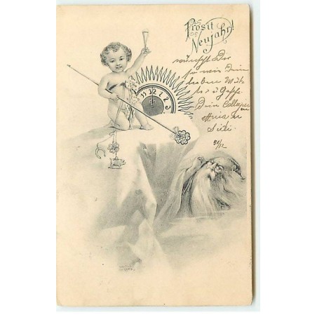 n°19225 - Prosit Neujahr - Ange avec des portes bonheur levant une flûte de champagne