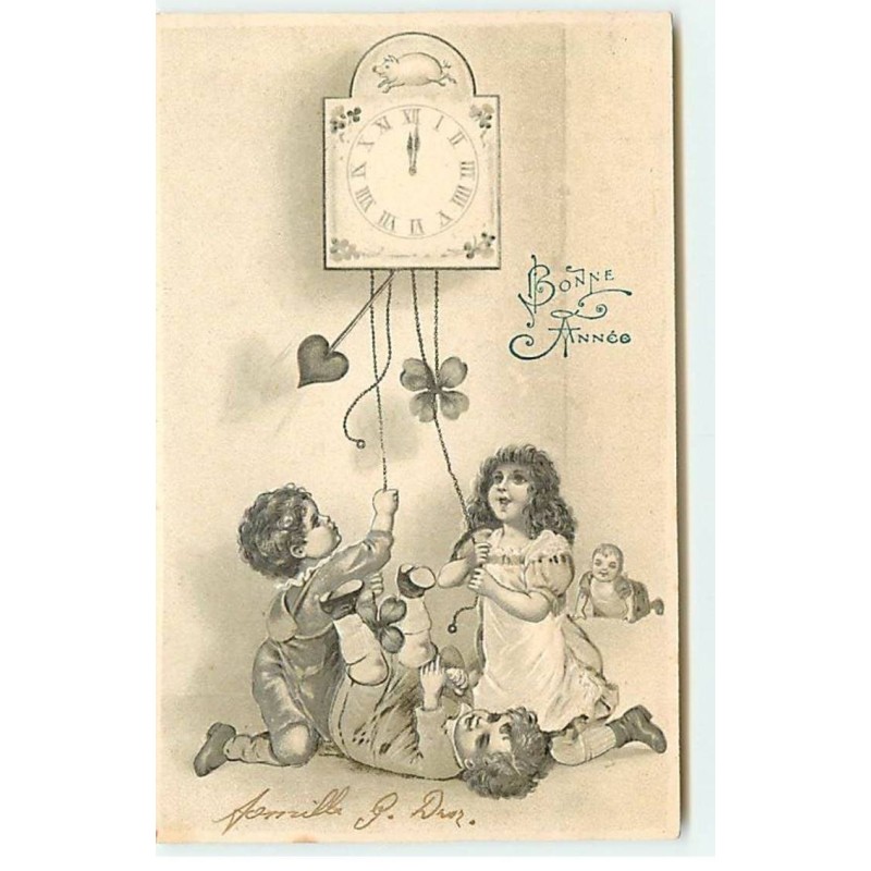 n°19228 - Carte Gaufrée - Bonne Année - Enfants jouant sous une pendule