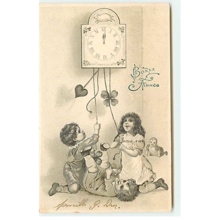 n°19228 - Carte Gaufrée - Bonne Année - Enfants jouant sous une pendule