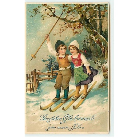 n°19230 - Carte Gaufrée - Herzlichen Glückwunsch zum neuen Jahre - Couple sur des skis se tenant par la taille