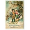 n°19230 - Carte Gaufrée - Herzlichen Glückwunsch zum neuen Jahre - Couple sur des skis se tenant par la taille