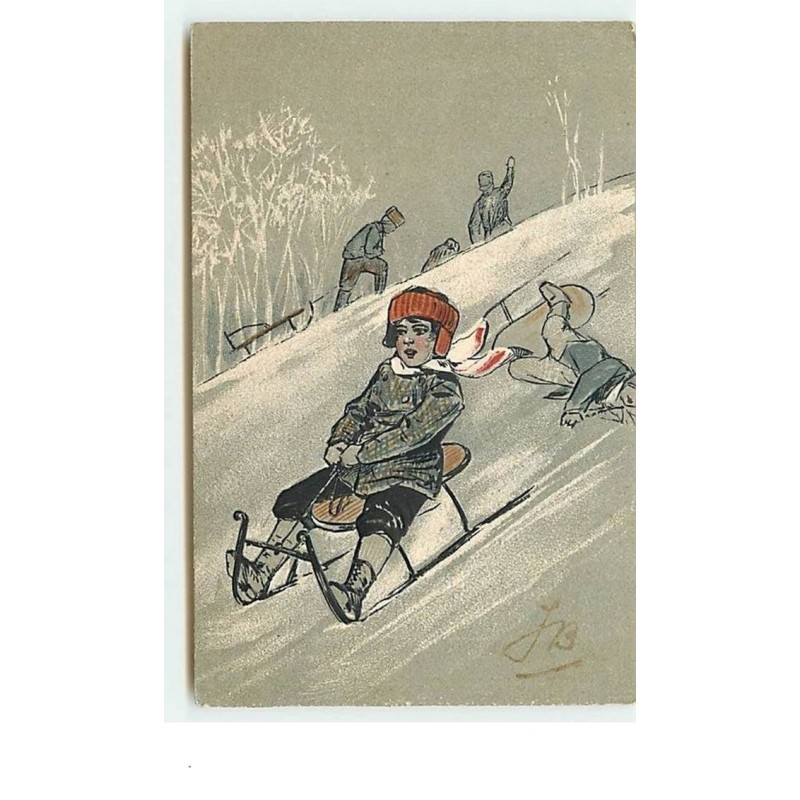 n°10879 - Carte Fantaisie Gaufrée - Sports d'Hiver - Enfants faisant de la luge