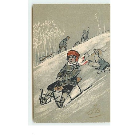 n°10879 - Carte Fantaisie Gaufrée - Sports d'Hiver - Enfants faisant de la luge