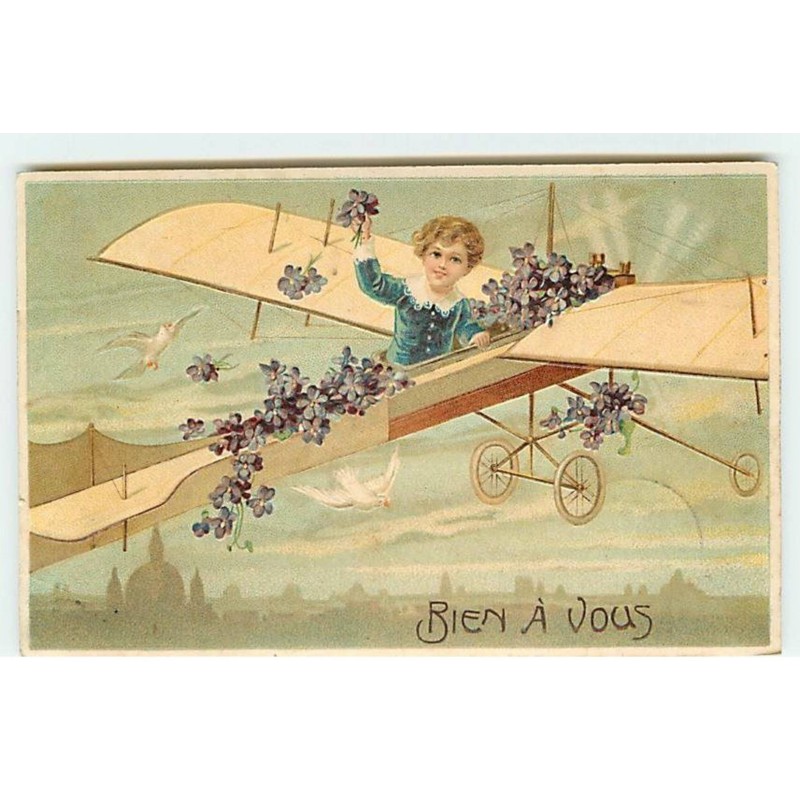 n°19242 - Carte Gaufrée - Bien à vous - Garçon dans un avion lançant des violettes