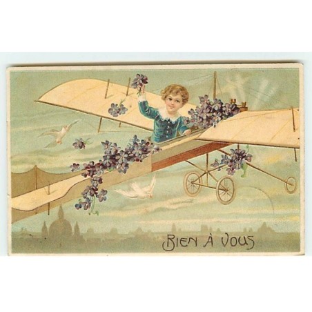 n°19242 - Carte Gaufrée - Bien à vous - Garçon dans un avion lançant des violettes