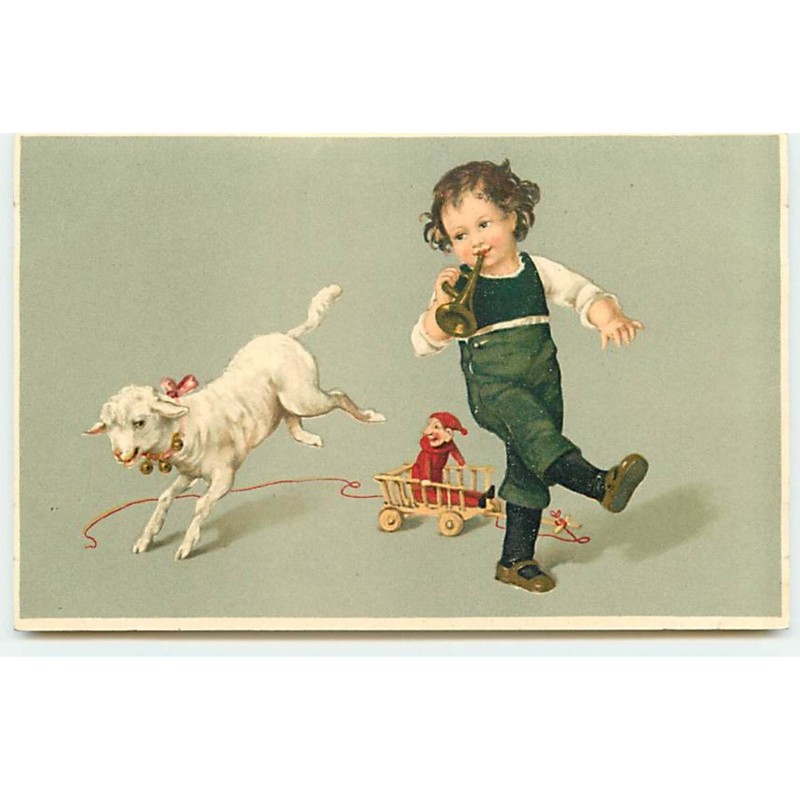 n°19245 - Flatscher - Garçon jouant d'une trompette, près d'un mouton et d'une poupée lutin