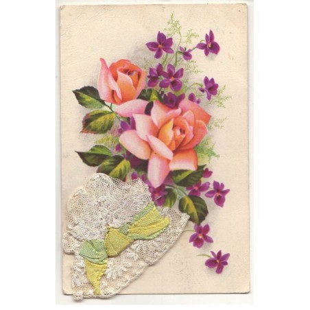 n°19254 - Un Bonnet en dentelle - Roses et violettes