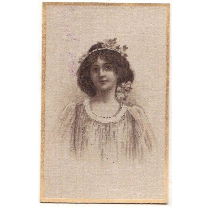 n°19258 - Carte Brodée Tissée Soie - Jeune femme portant une couronne de fleurs