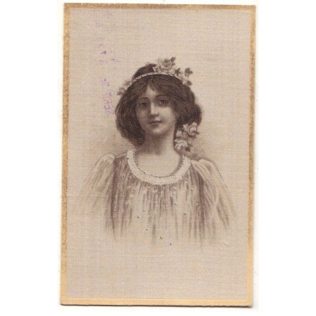 n°19258 - Carte Brodée Tissée Soie - Jeune femme portant une couronne de fleurs