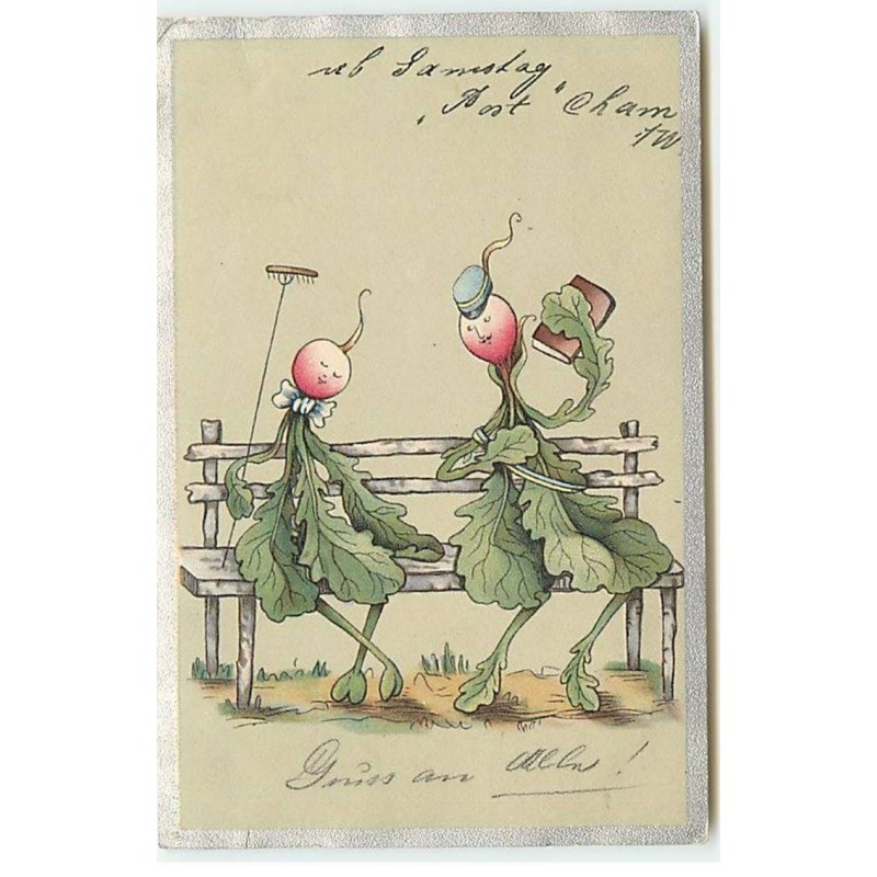 n°19261 - Couple de radis humanisés sur un banc - Surréalisme