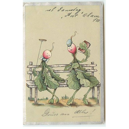 n°19261 - Couple de radis humanisés sur un banc - Surréalisme