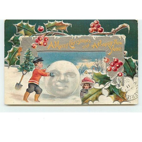 n°10880 - Carte Fantaisie Gaufrée - A Merry Christmas and Happy New Year - Enfants et boule de Neige