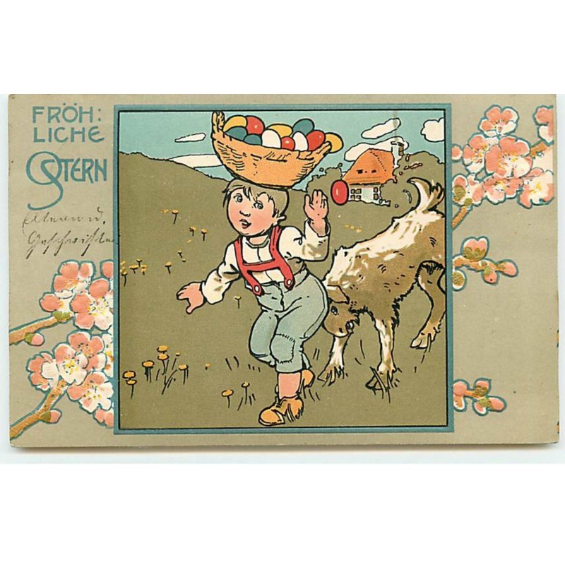 n°19264 - Carte Gaufrée - Fröhliche Ostern - Garçon portant sur la tête un panier rempli d'oeufs, poussé par un bélier