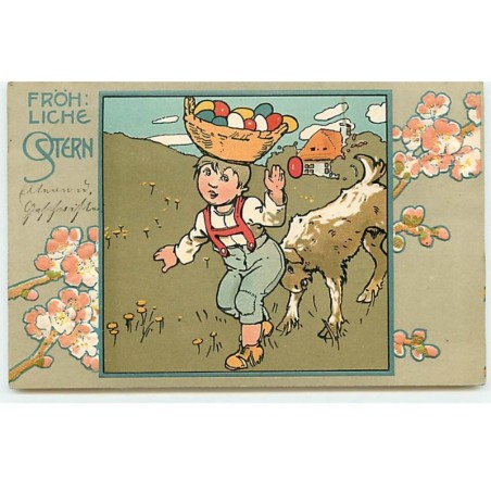 n°19264 - Carte Gaufrée - Fröhliche Ostern - Garçon portant sur la tête un panier rempli d'oeufs, poussé par un bélier