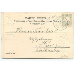 n°19264 - Carte Gaufrée - Fröhliche Ostern - Garçon portant sur la tête un panier rempli d'oeufs, poussé par un bélier