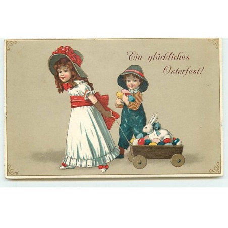 n°19271 - Ein glückliches Osterfest - Fillette tirant un chariot rempli d'oeufs, et d'un lapin, accompagné d'un garçon
