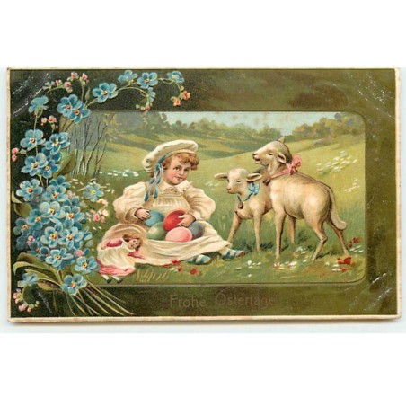 n°19272 - Carte Gaufrée - Frohe Ostertage - Fillette assise dans l'herbe avec des oeufs, avec deux moutons