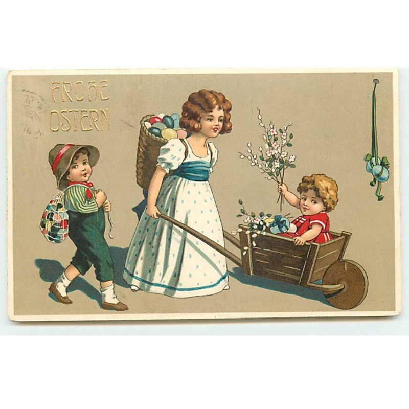 n°19273 - Frohe Ostern - Enfants, dont la jeune fille poussant une fillette dans une brouette