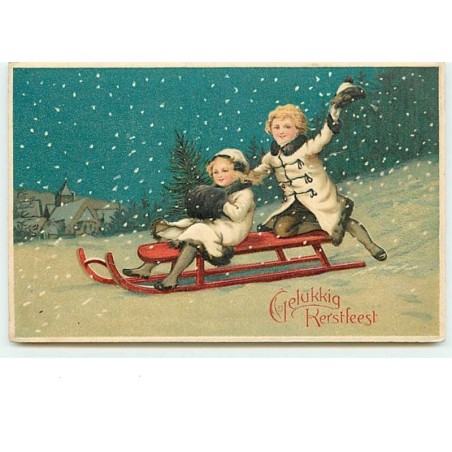 n°10882 - Carte Fantaisie Gaufrée - Gelukkig Kerstfeest - Enfants sur une luge