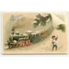 n°19278 - Carte Gaufrée - Bonne Année - Garçon avec des lettres, train sous la neige
