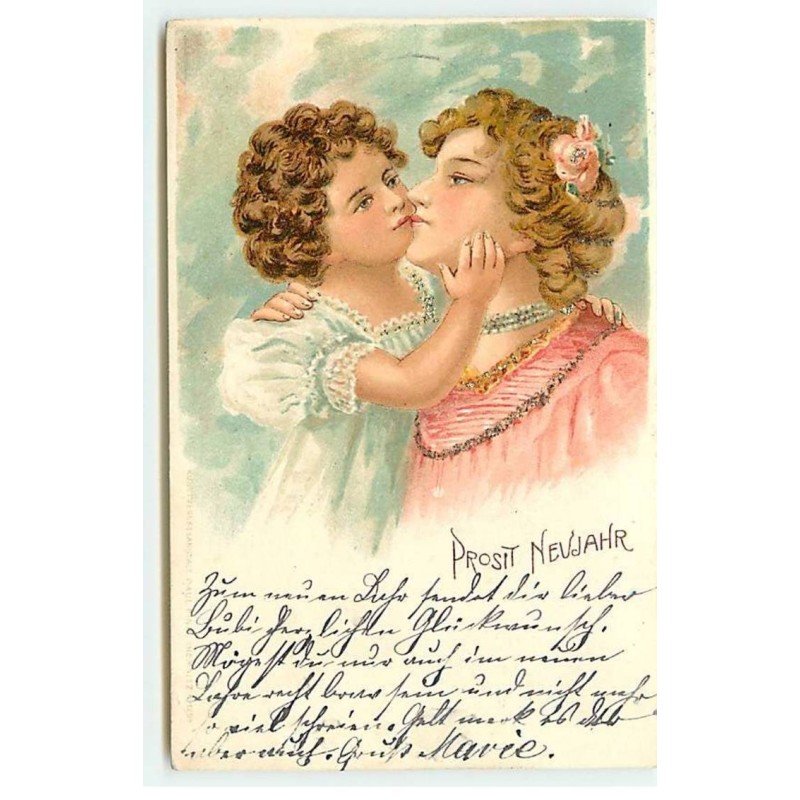 n°19281 - Prosit Neujahr - Fillette embrassant sa maman - Carte avec Paillettes