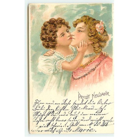 n°19281 - Prosit Neujahr - Fillette embrassant sa maman - Carte avec Paillettes