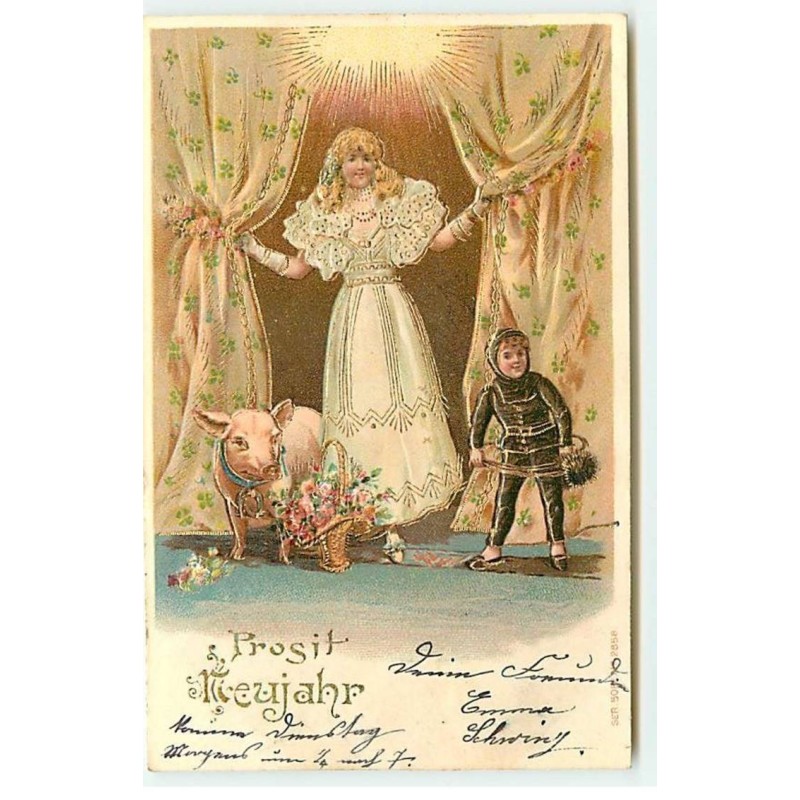 n°19282 - Carte Gaufrée - Jeune fille, avec à ses côtés un cochon, et un ramoneur