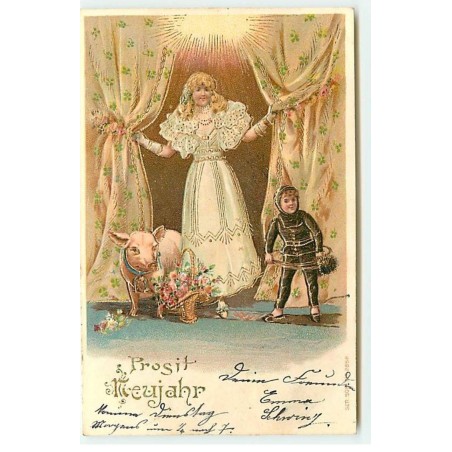 n°19282 - Carte Gaufrée - Jeune fille, avec à ses côtés un cochon, et un ramoneur