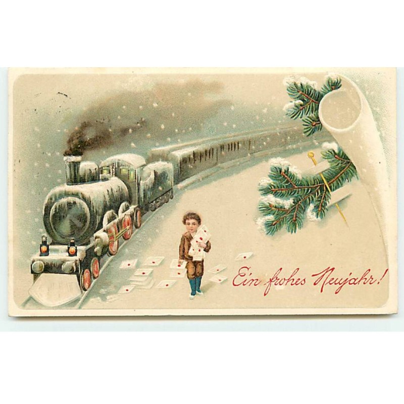 n°19283 - Carte Gaufrée - Ein frohes Neujahr - Garçon avec des lettres, près d'un train sous la neige