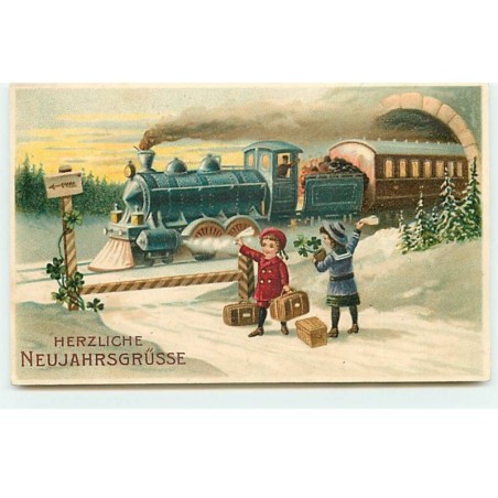 n°19284 -Herzliche Neujahrsgrüsse - Fillettes faisant coucou à un train passant