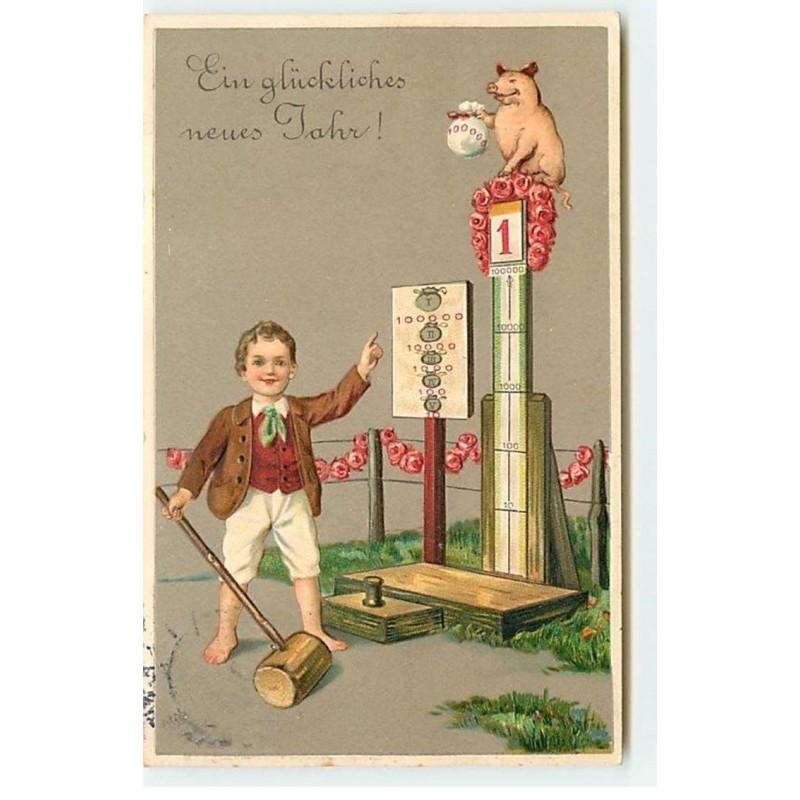 n°19286 - Carte Gaufrée - Garçon tenant un marteau près d'une attraction, et un cochon