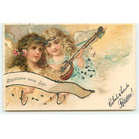 n°19287 - Glückliches neues Jahr - Anges, l'un jouant de la mandoline - Paillettes