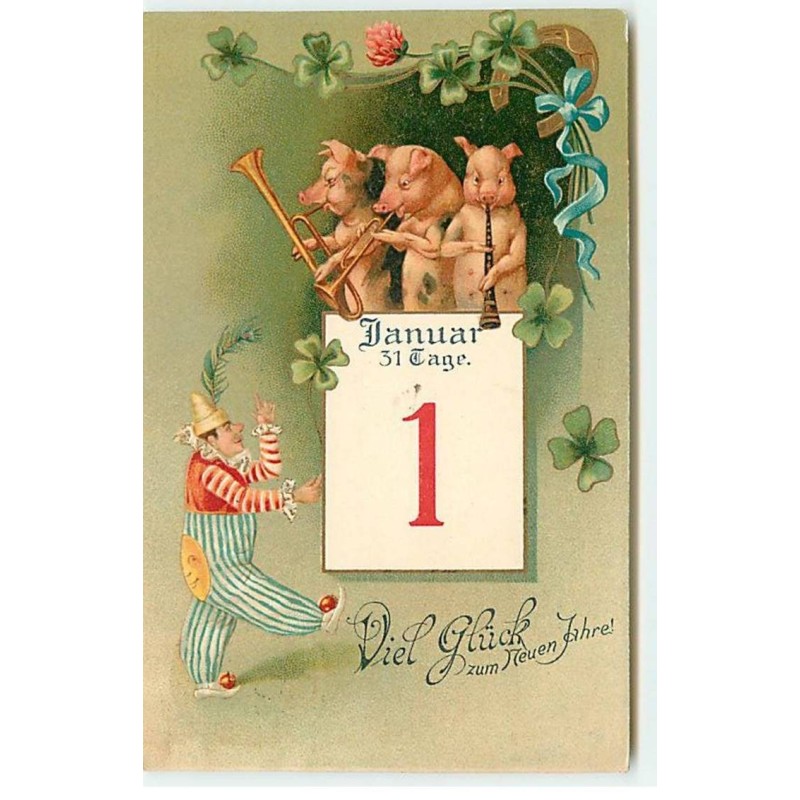 n°19289 - Viel glück zum neun Jahr - Cochons avec des instruments à vent au-dessus d'un éphéméride, et un clown