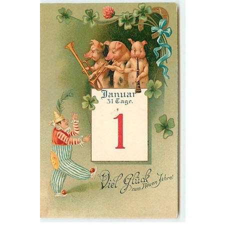 n°19289 - Viel glück zum neun Jahr - Cochons avec des instruments à vent au-dessus d'un éphéméride, et un clown