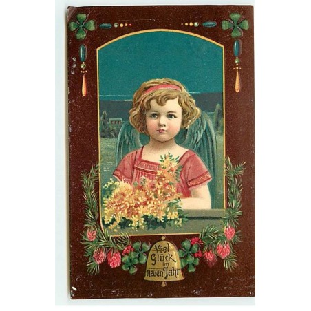 n°19290 - Carte Gaufrée - Viel glück im neun Jahr - Ange portant un bouquet de fleurs